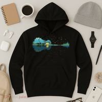 Guitar Lake Reflections Night Sky And Moon Guitar Music Hoodie thumb 3