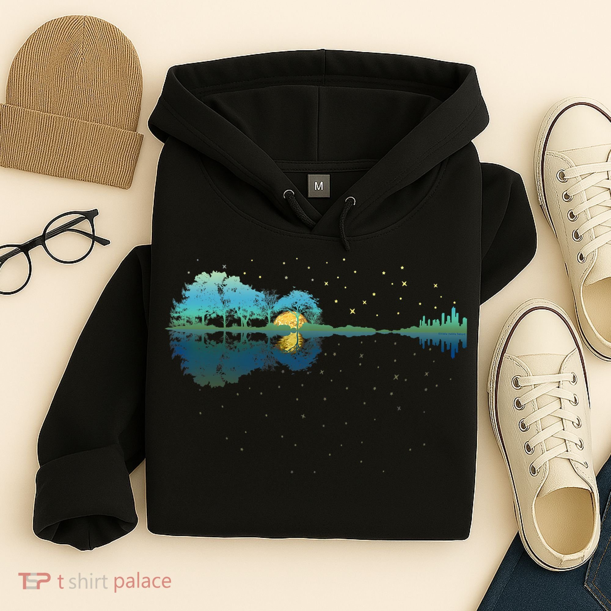 Guitar Lake Reflections Night Sky And Moon Guitar Music Hoodie