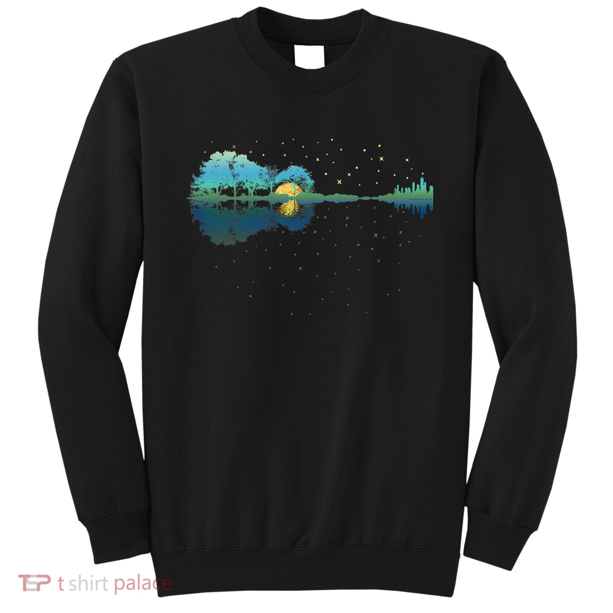 Guitar Lake Reflections Night Sky And Moon Guitar Music Sweatshirt