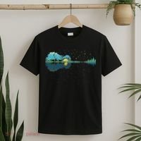 Guitar Lake Reflections Night Sky And Moon Guitar Music T-Shirt thumb 2