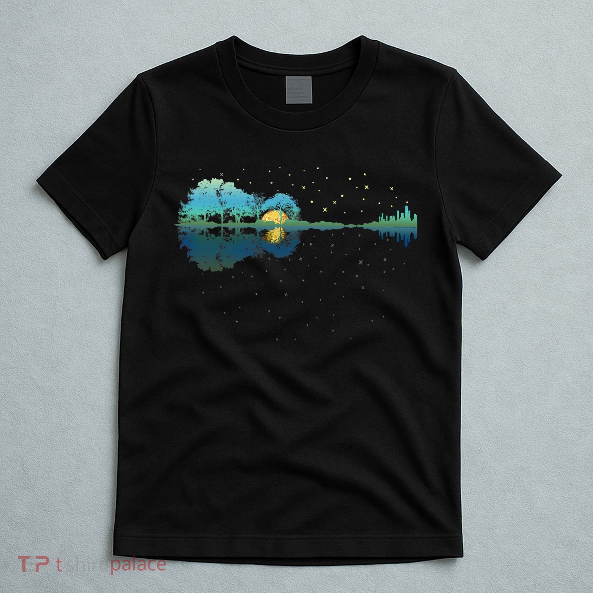 Guitar Lake Reflections Night Sky And Moon Guitar Music T-Shirt