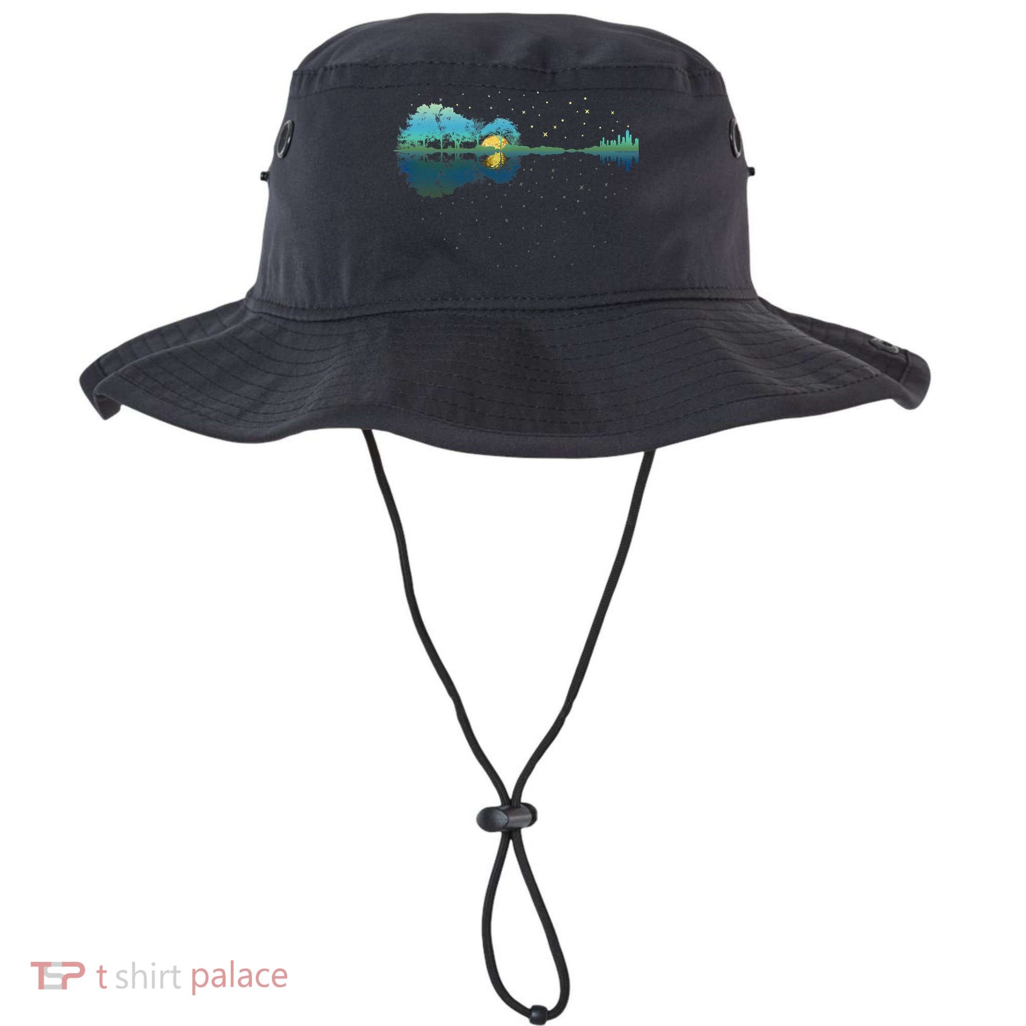 Guitar Lake Reflections Night Sky And Moon Guitar Music Bucket Hat
