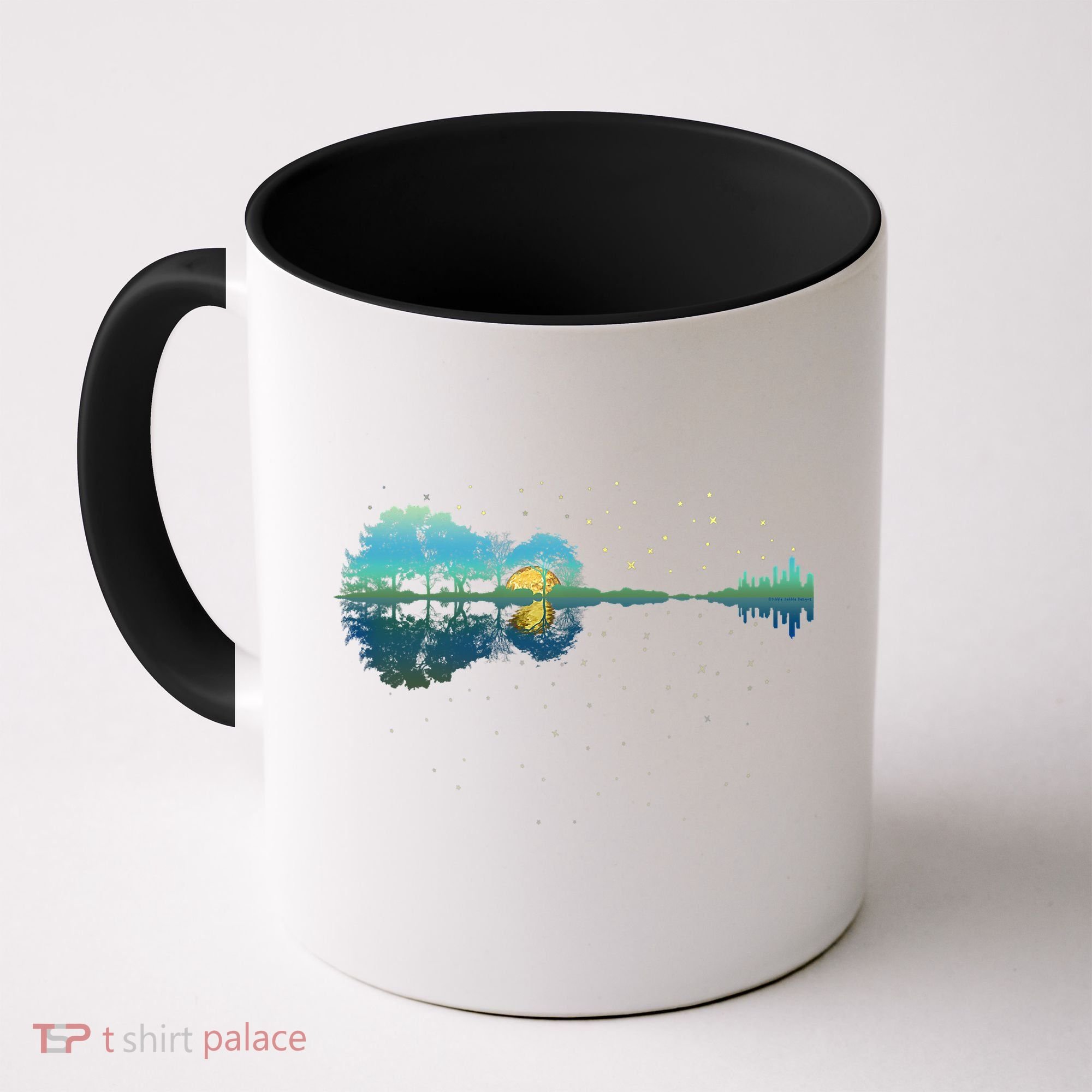 Guitar Lake Reflections Night Sky And Moon Guitar Music Coffee Mug