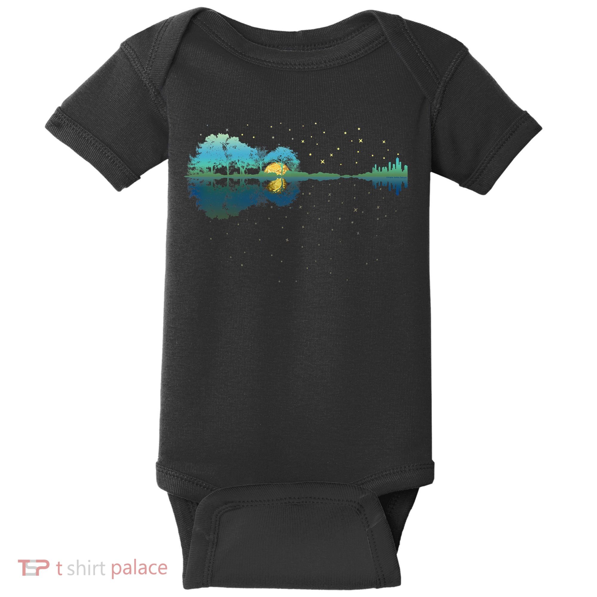 Guitar Lake Reflections Night Sky And Moon Guitar Music Baby Bodysuit