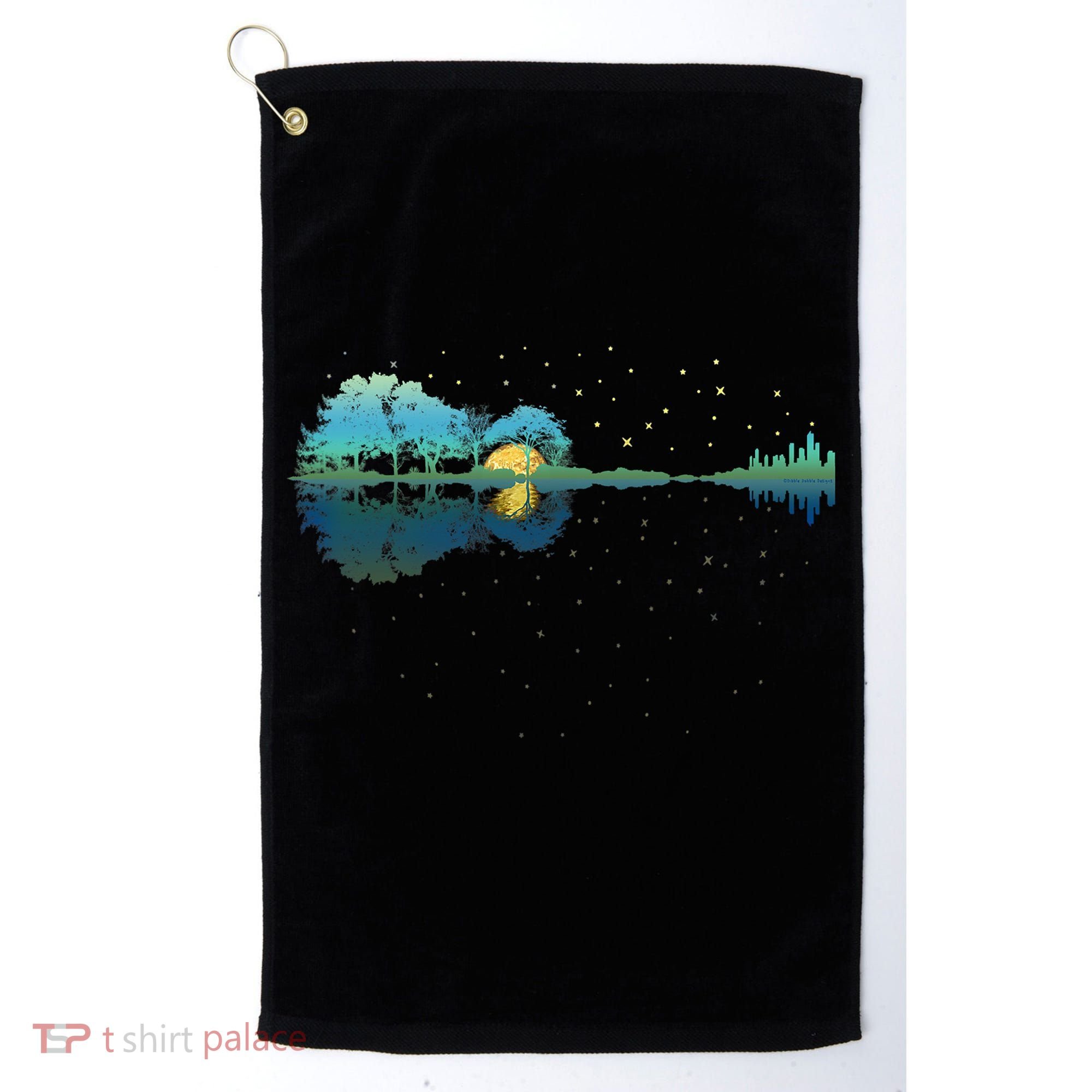 Guitar Lake Reflections Night Sky And Moon Guitar Music Golf Towel