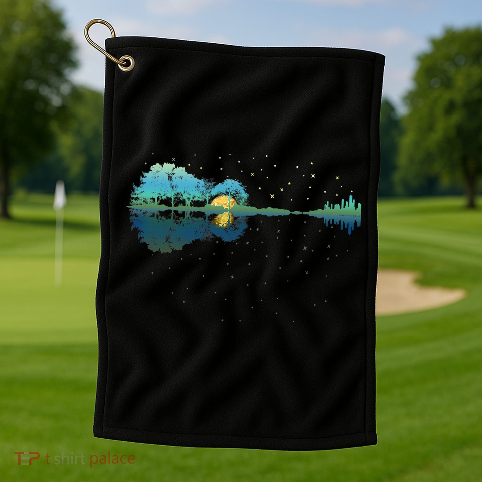 Guitar Lake Reflections Night Sky And Moon Guitar Music Golf Towel