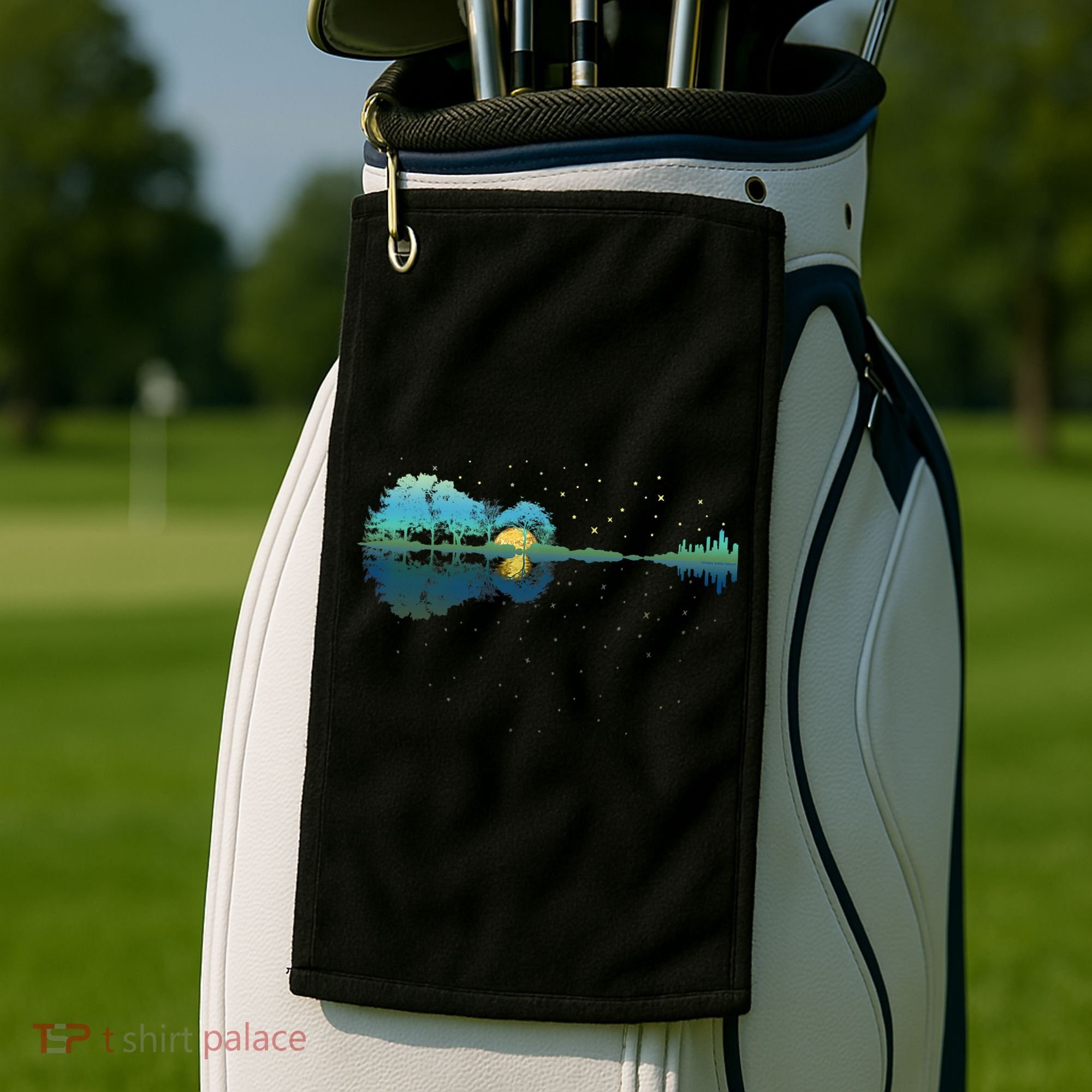 Guitar Lake Reflections Night Sky And Moon Guitar Music Golf Towel