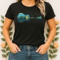 Guitar Lake Reflections Night Sky And Moon Guitar Music Women's T-Shirt thumb 2