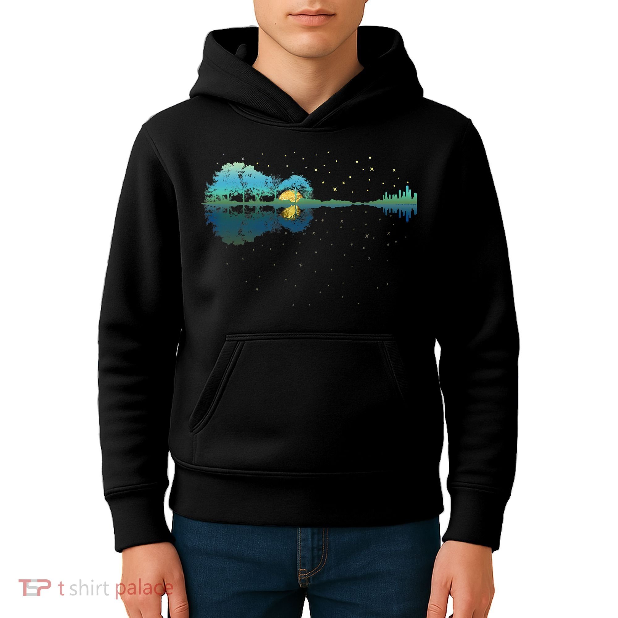 Guitar Lake Reflections Night Sky And Moon Guitar Music Kids Hoodie
