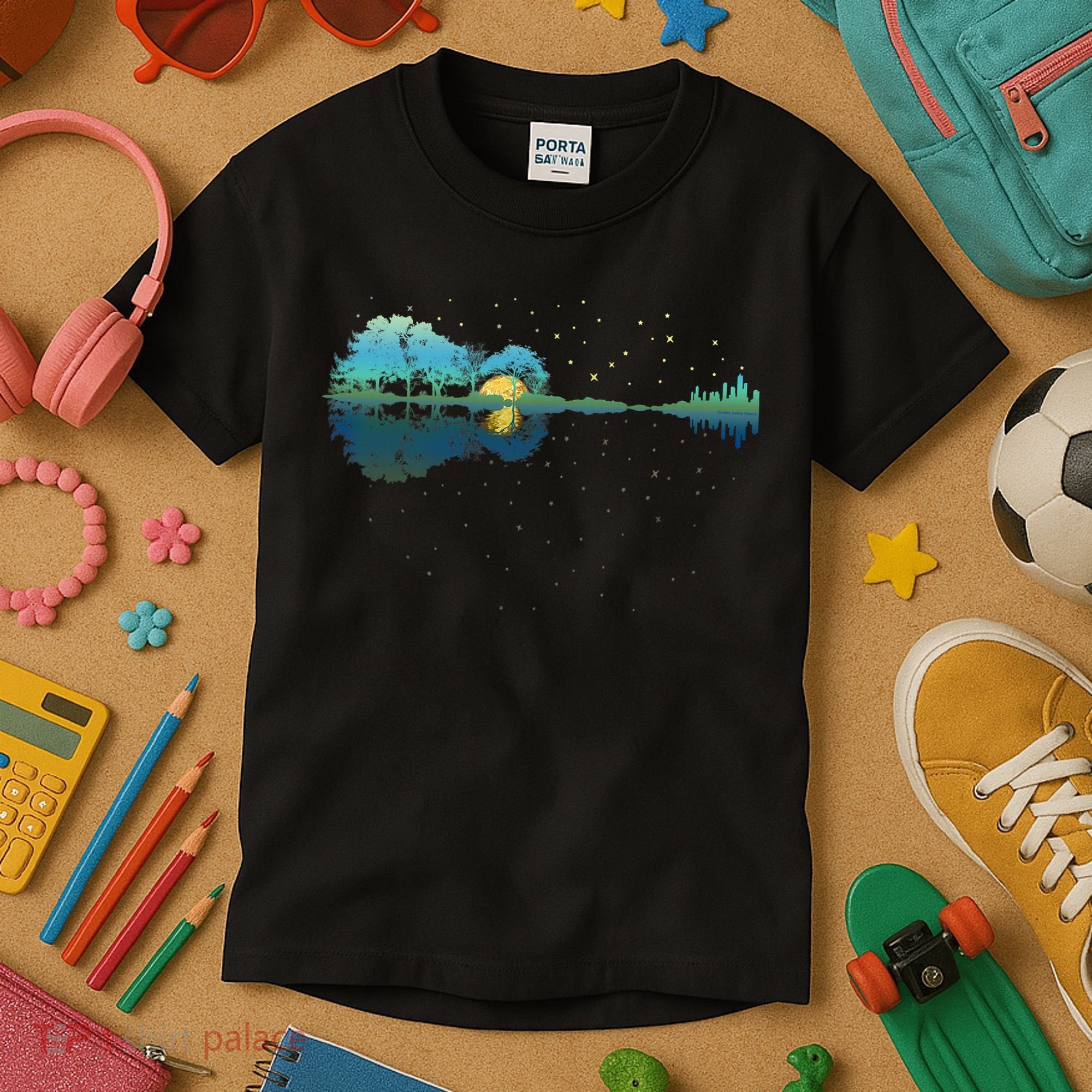 Guitar Lake Reflections Night Sky And Moon Guitar Music Kids T-Shirt