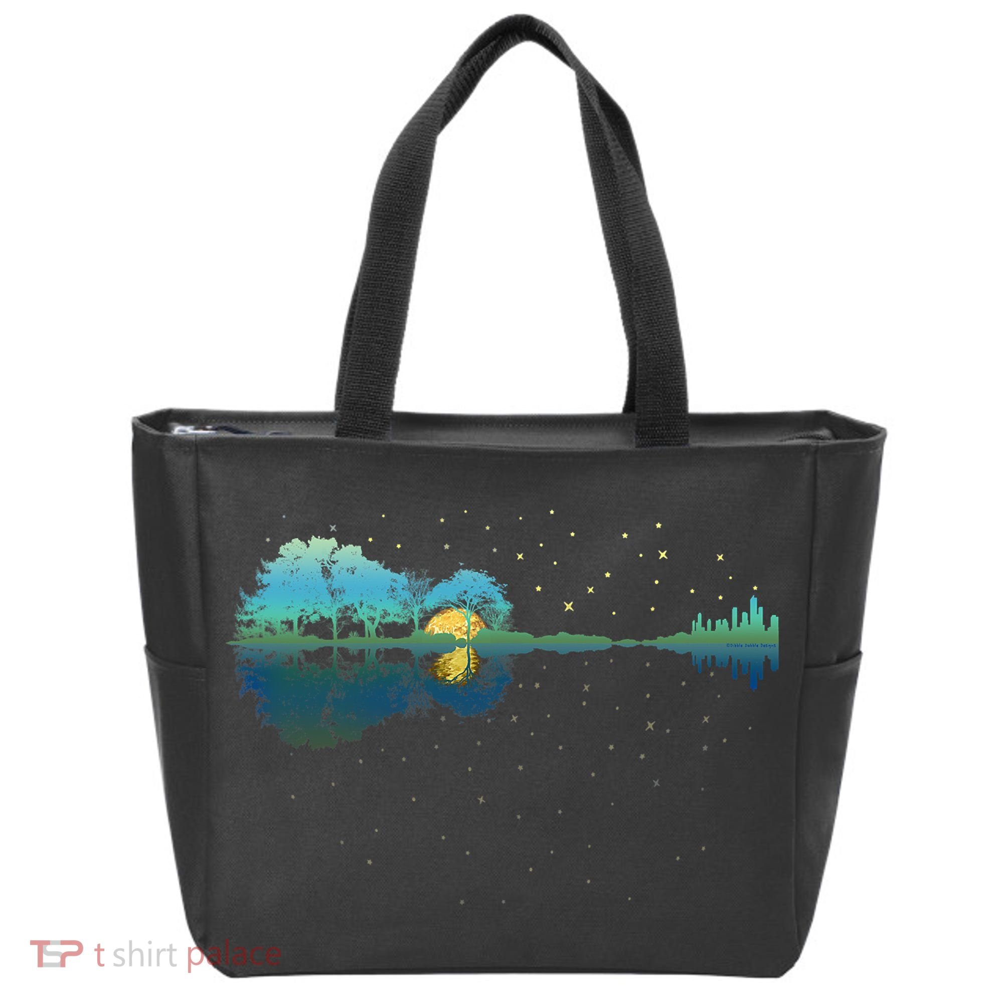 Guitar Lake Reflections Night Sky And Moon Guitar Music Tote Bag