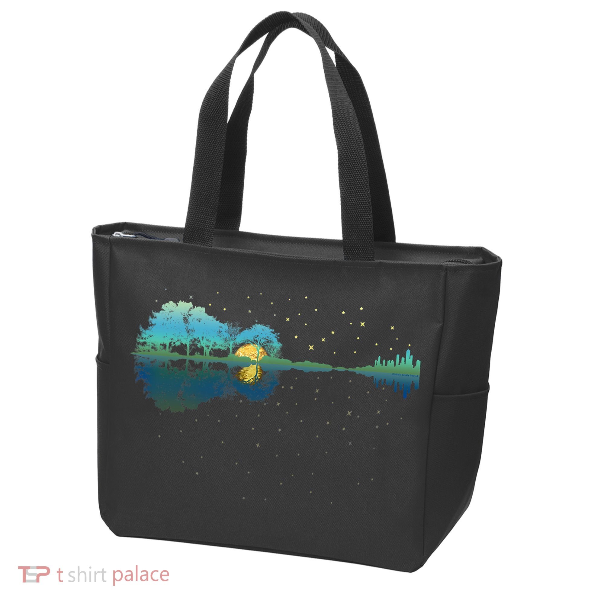 Guitar Lake Reflections Night Sky And Moon Guitar Music Tote Bag