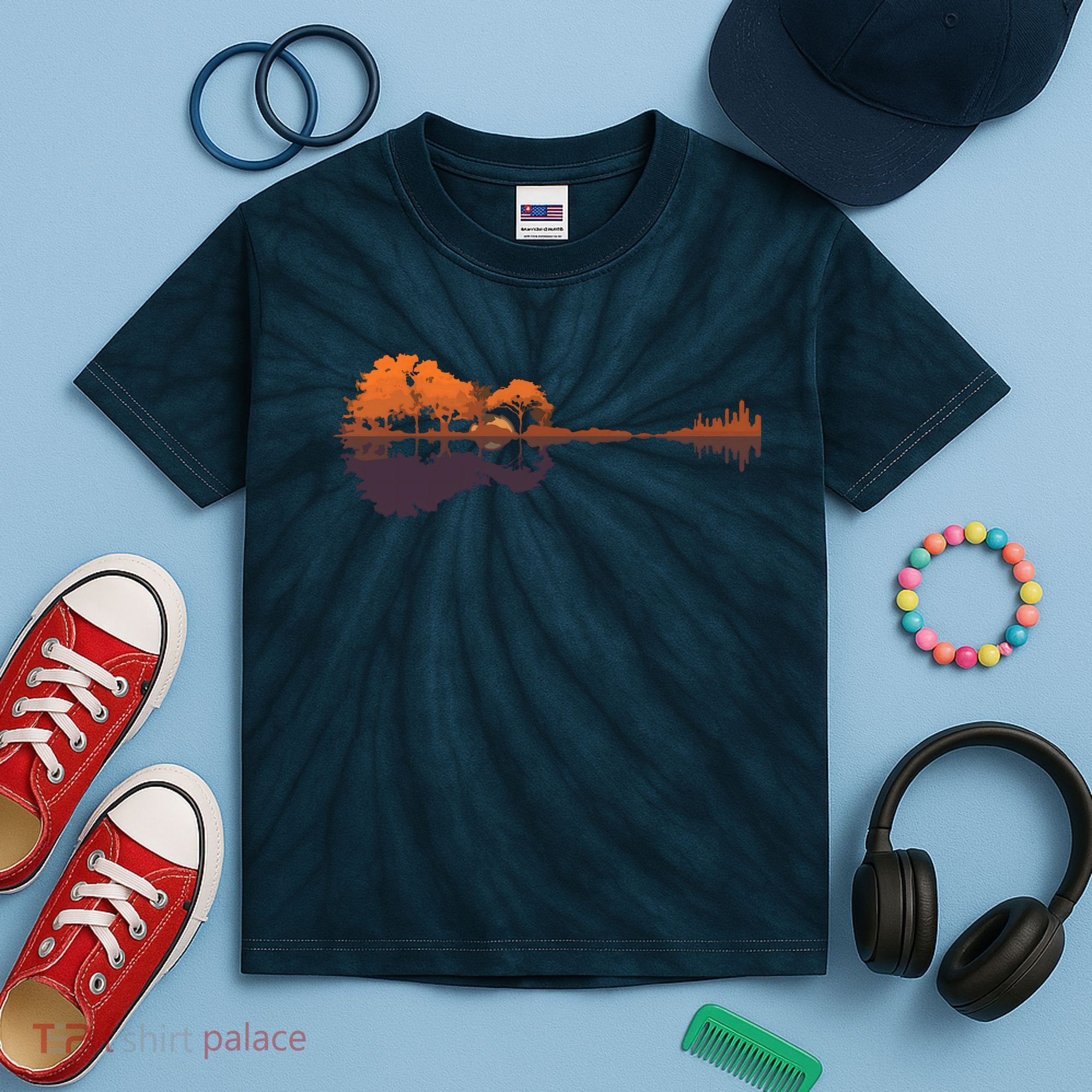 Guitar Lake Reflections Music And Guitar Lover Guitar Kids Tie-Dye T-Shirt
