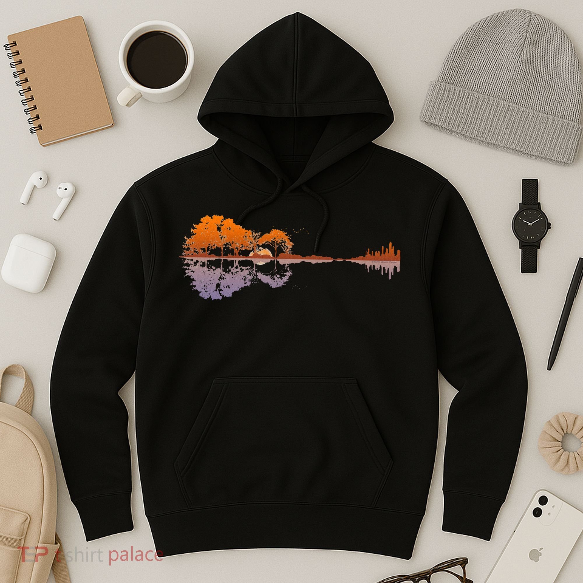 Guitar Lake Reflections Music And Guitar Lover Guitar Hoodie