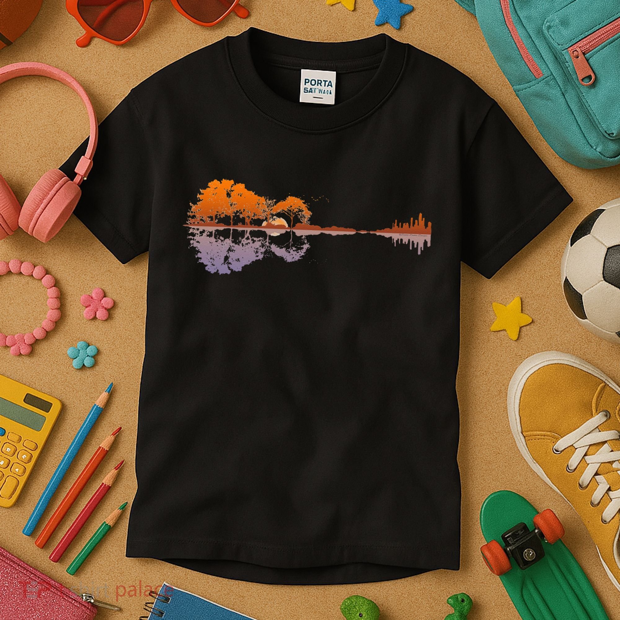 Guitar Lake Reflections Music And Guitar Lover Guitar Kids T-Shirt