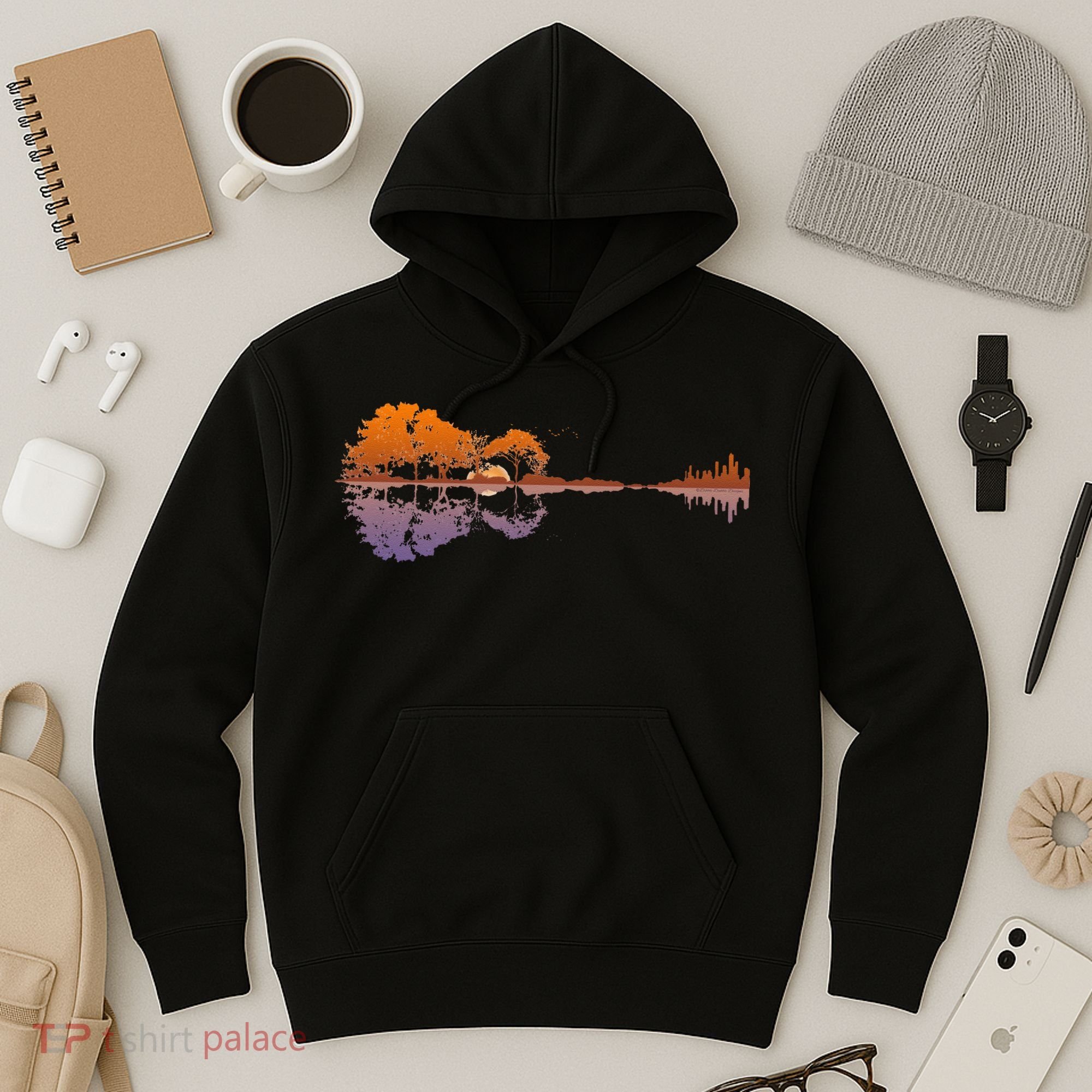 Guitar Lake Reflections Music Lover Hoodie