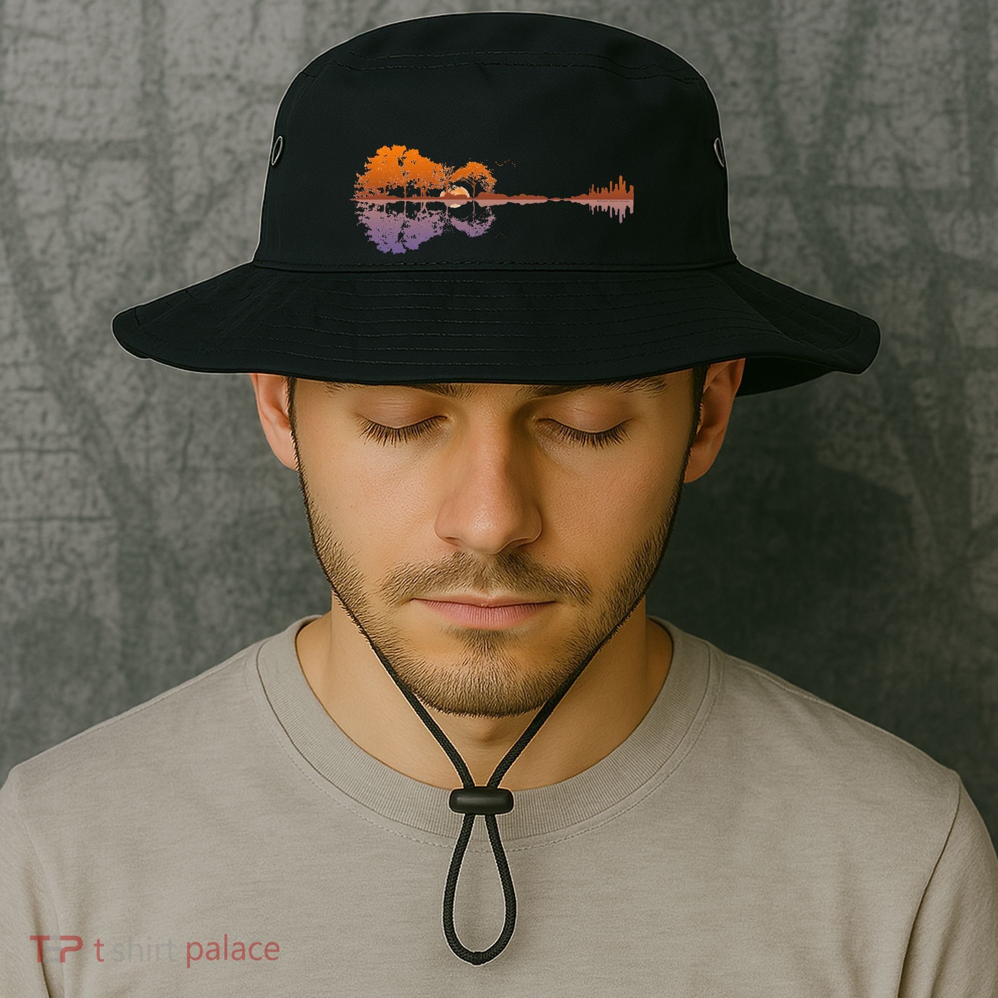Guitar Lake Reflections Music Lover Bucket Hat