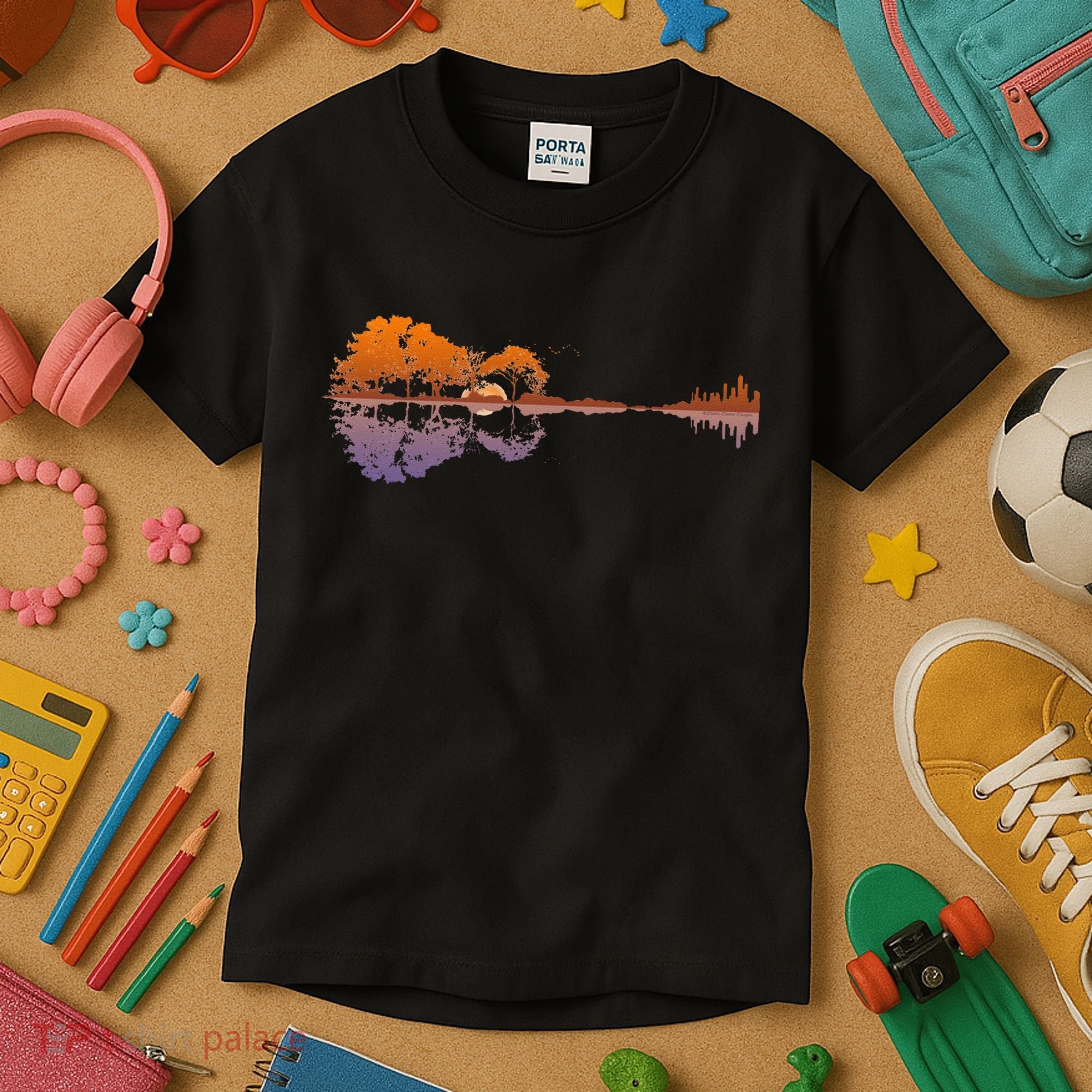 Guitar Lake Reflections Music Lover Kids T-Shirt