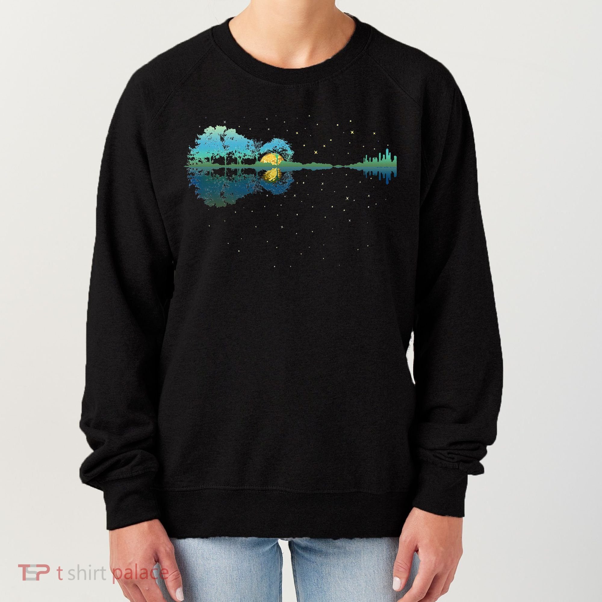 Guitar Lake Reflections Night Sky And Moon Guitar Women's Sweatshirt