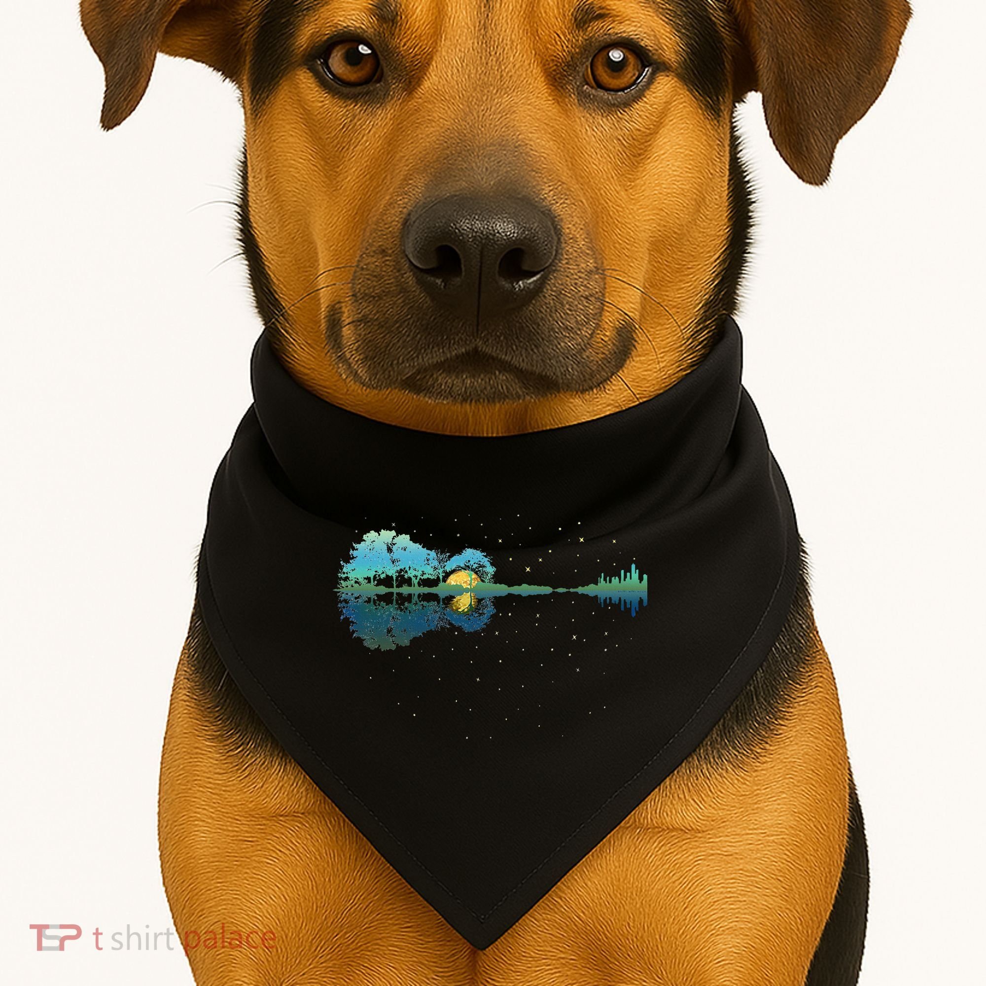 Guitar Lake Reflections Night Sky And Moon Guitar USA-Made Doggie Bandana
