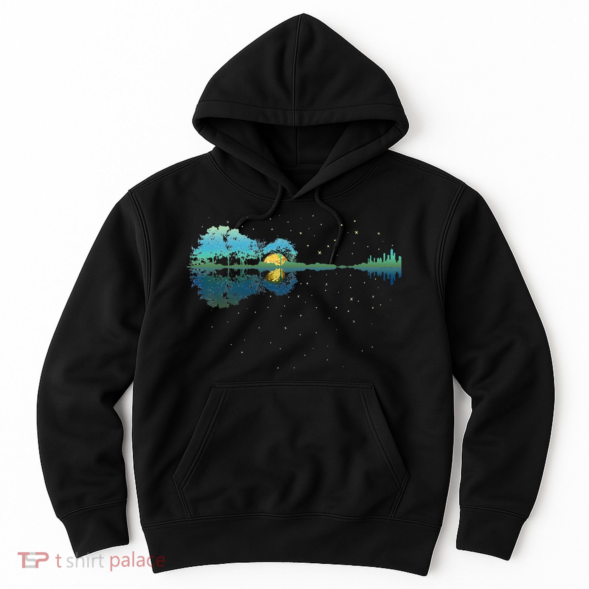 Guitar Lake Reflections Night Sky And Moon Guitar Hoodie