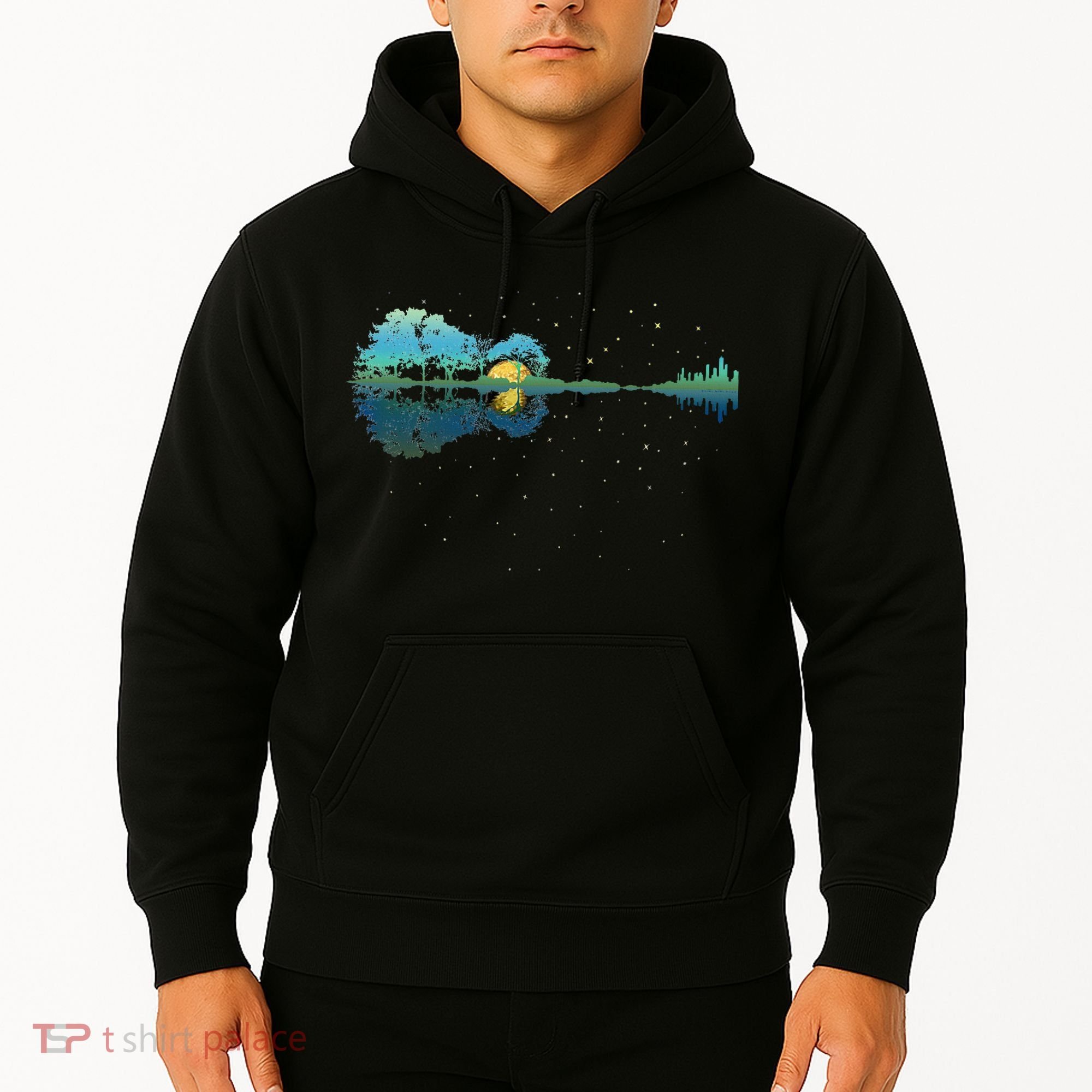 Guitar Lake Reflections Night Sky And Moon Guitar Hoodie