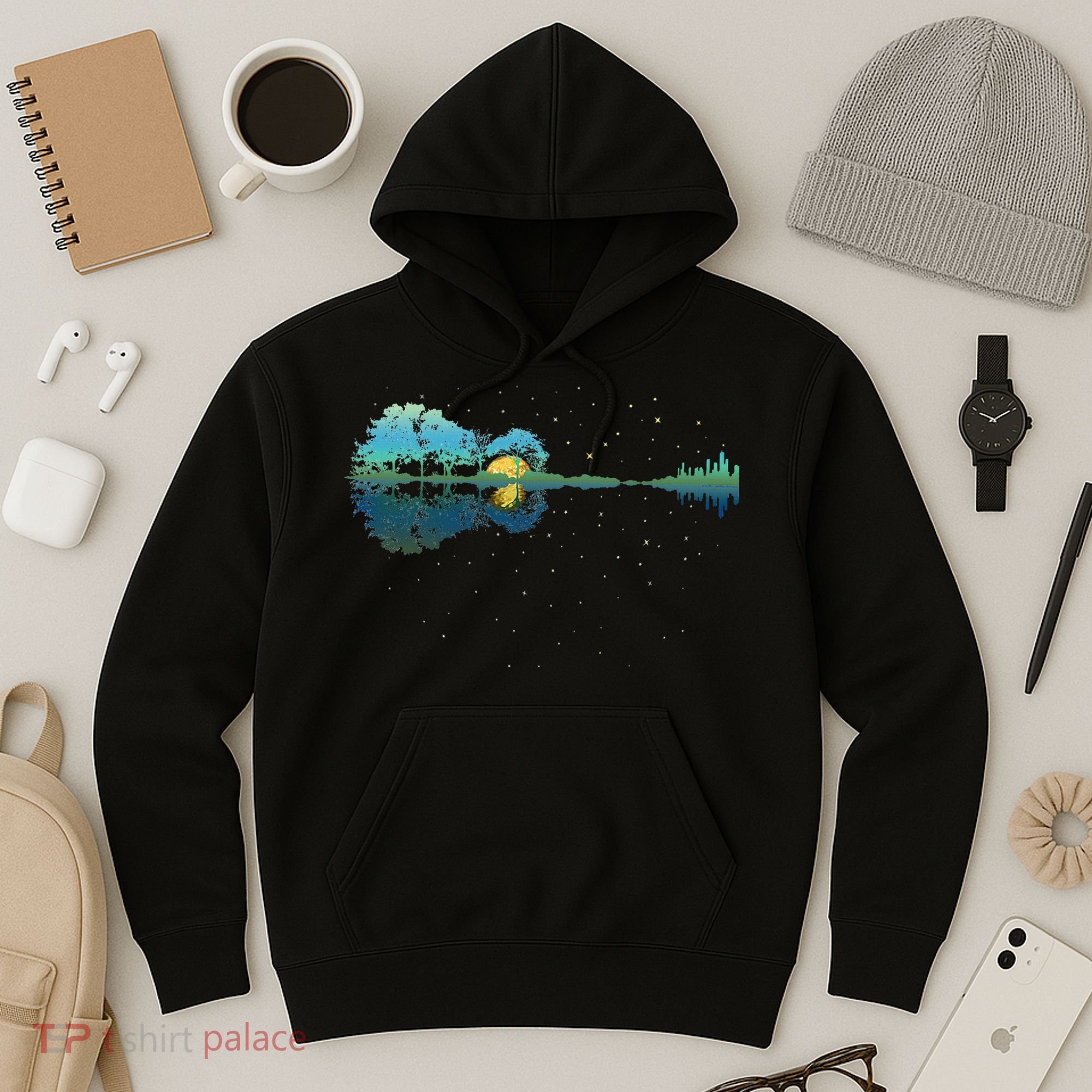 Guitar Lake Reflections Night Sky And Moon Guitar Hoodie