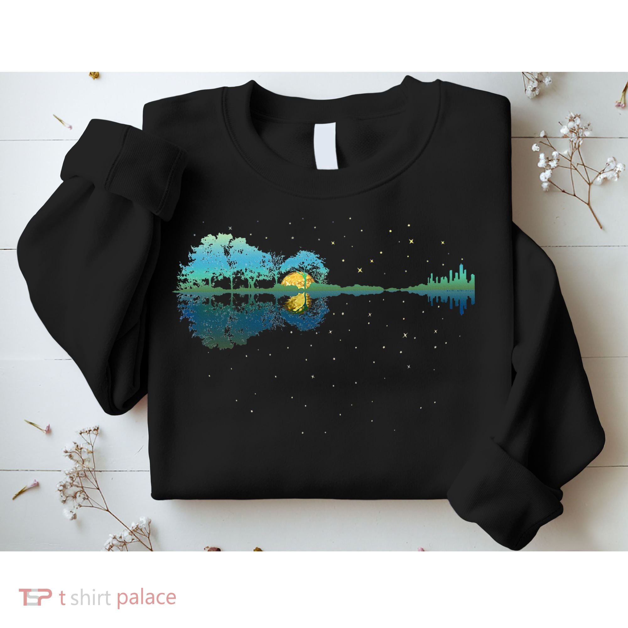 Guitar Lake Reflections Night Sky And Moon Guitar Sweatshirt