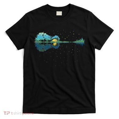 Guitar Lake Reflections Night Sky And Moon Guitar T-Shirt