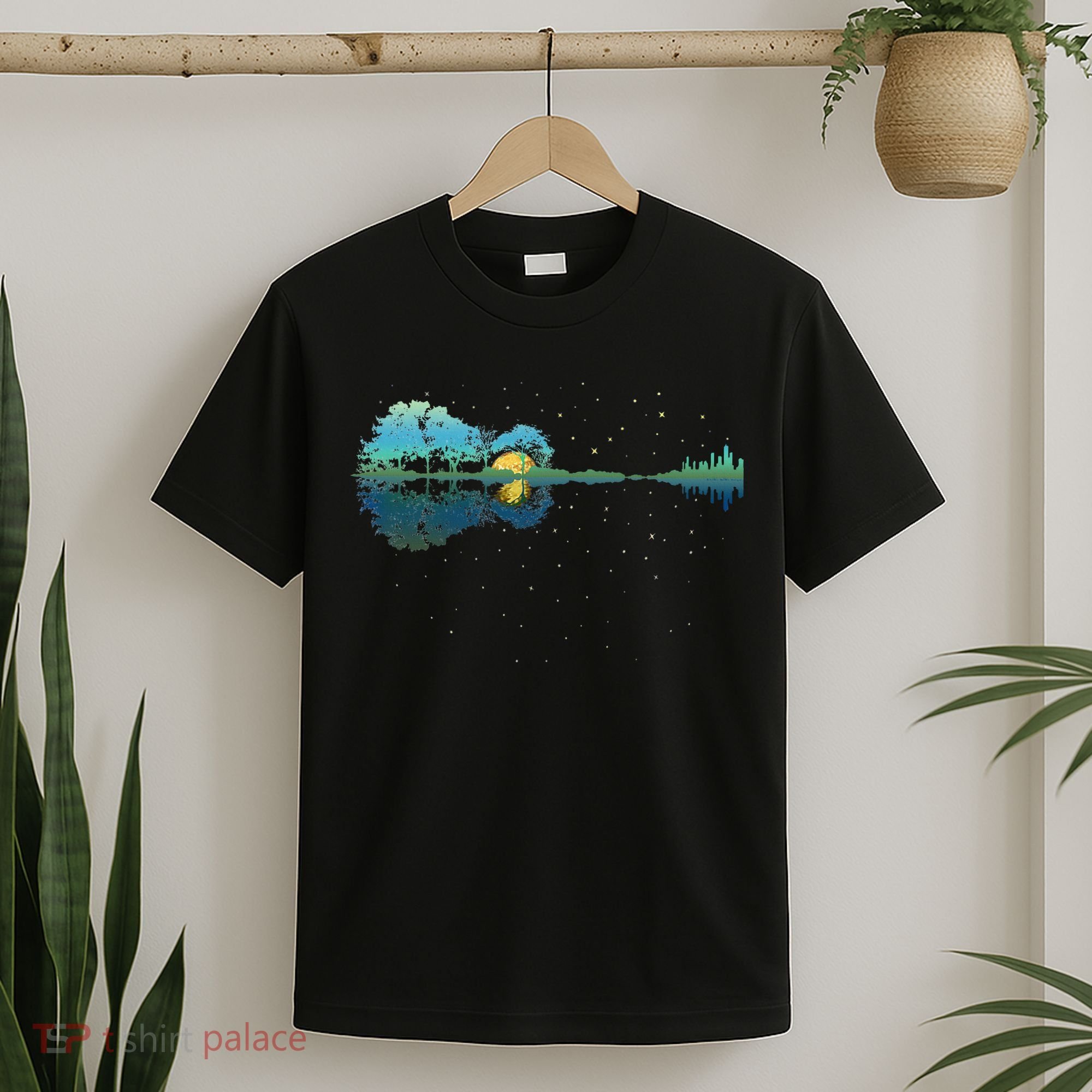 Guitar Lake Reflections Night Sky And Moon Guitar T-Shirt