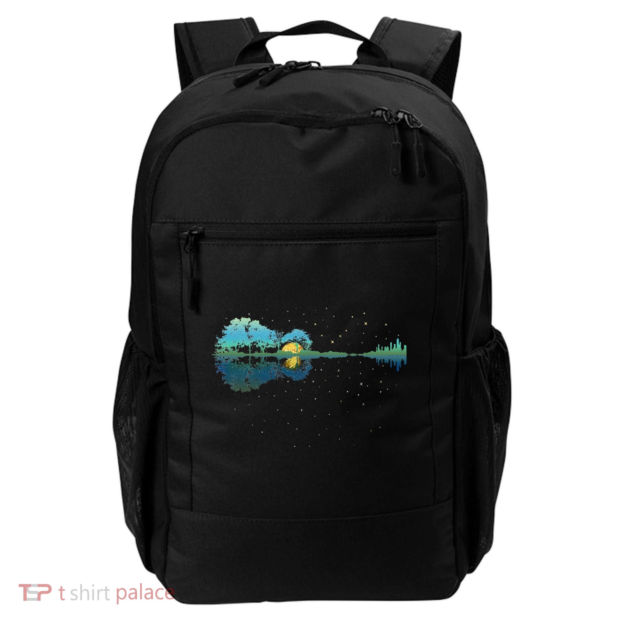 Guitar Lake Reflections Night Sky And Moon Guitar Backpack
