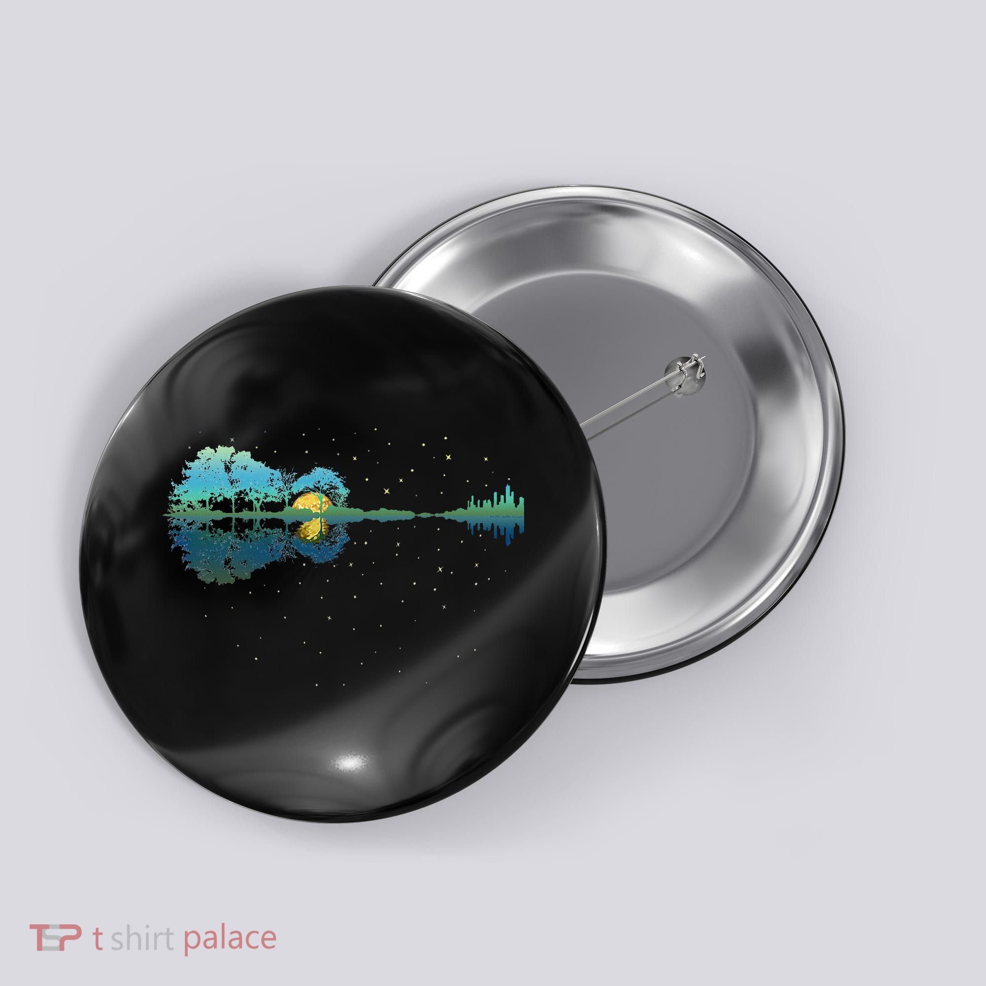 Guitar Lake Reflections Night Sky And Moon Guitar Button