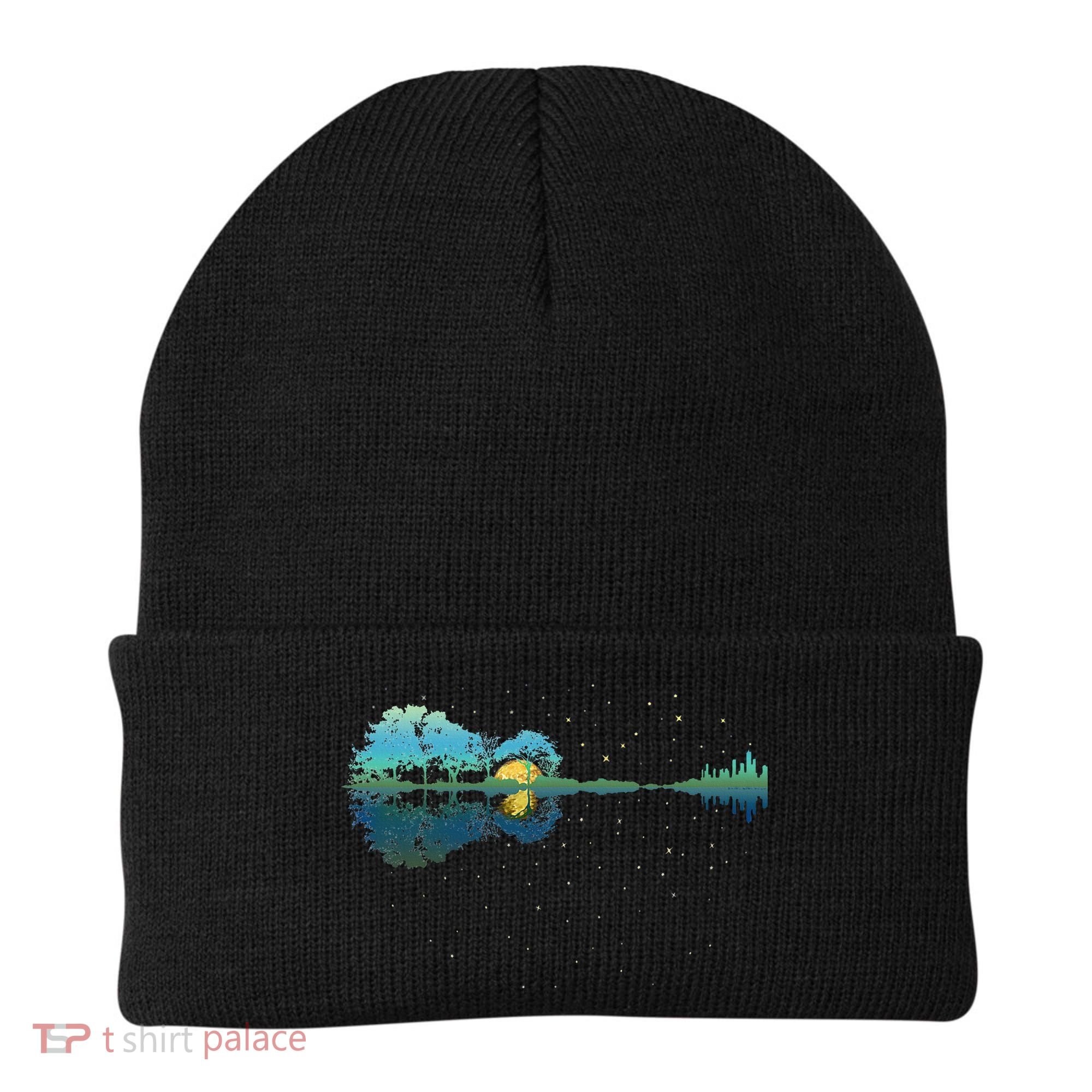 Guitar Lake Reflections Night Sky And Moon Guitar Beanie