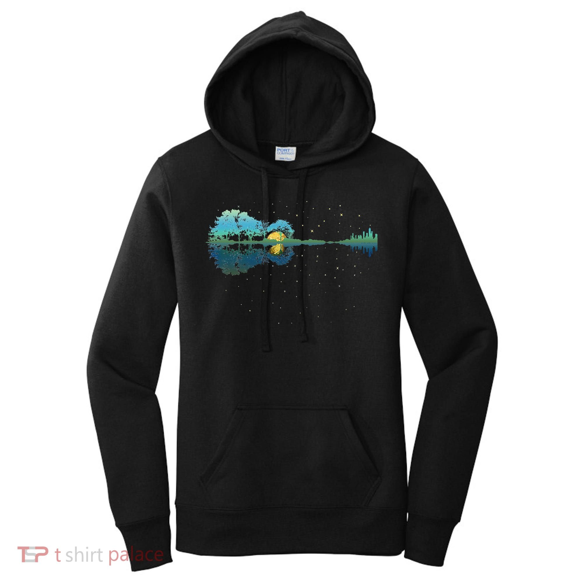 Guitar Lake Reflections Night Sky And Moon Guitar Women's Hoodie
