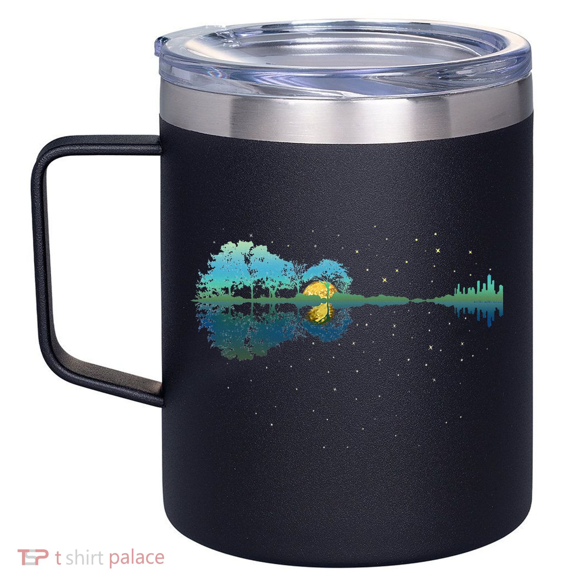 Guitar Lake Reflections Night Sky And Moon Guitar 12oz Stainless Steel Coffee Mug