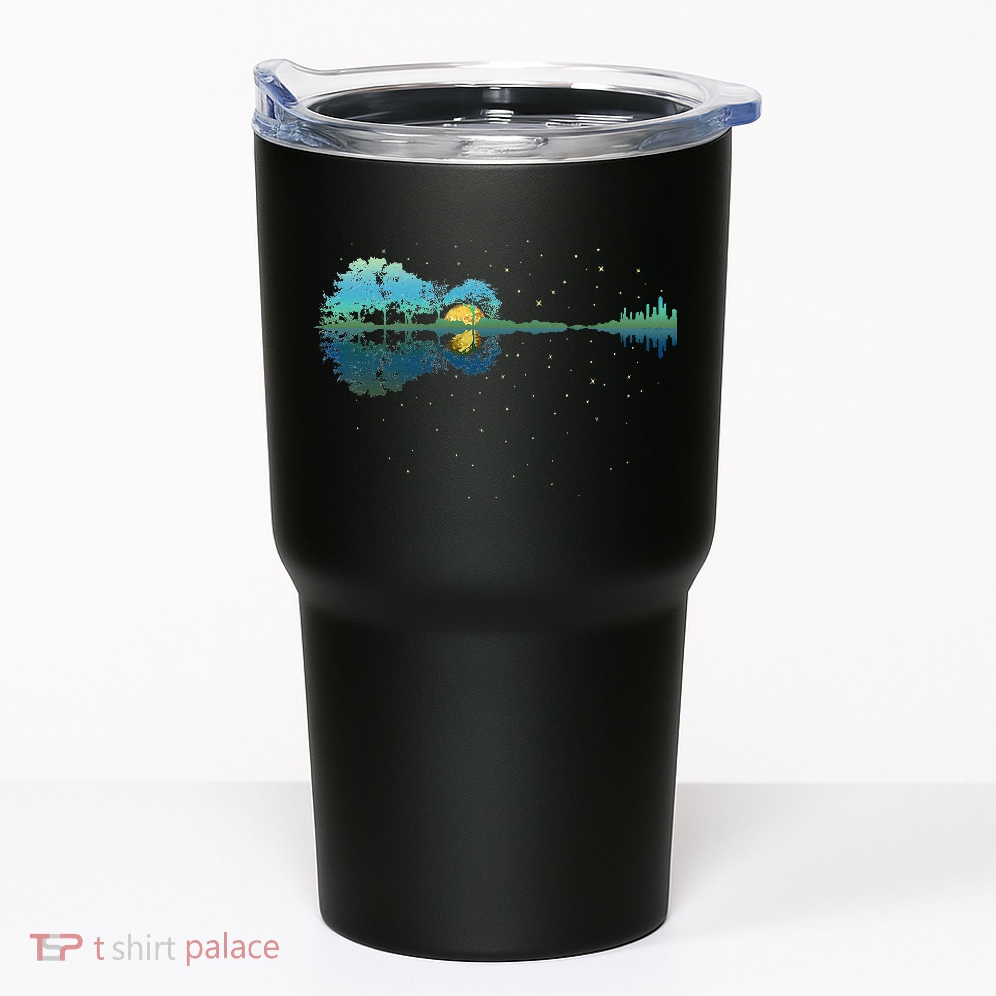 Guitar Lake Reflections Night Sky And Moon Guitar Tumbler