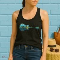 Guitar Lake Reflections Night Sky And Moon Guitar Women's Tank Top thumb 2