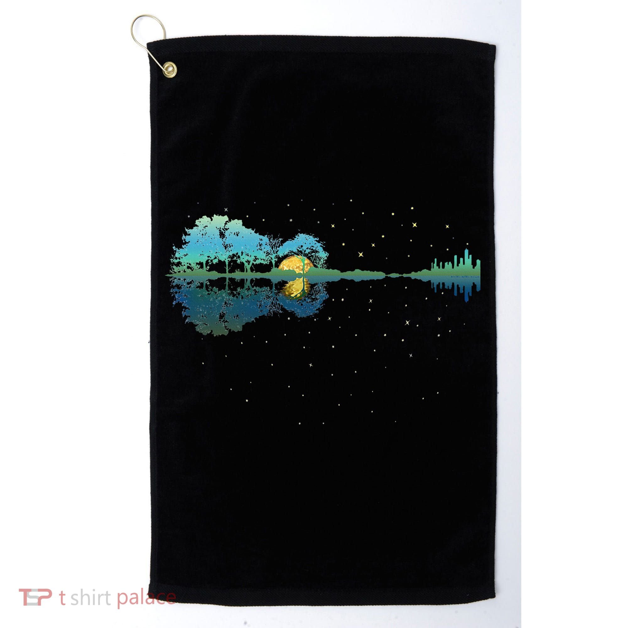 Guitar Lake Reflections Night Sky And Moon Guitar Golf Towel