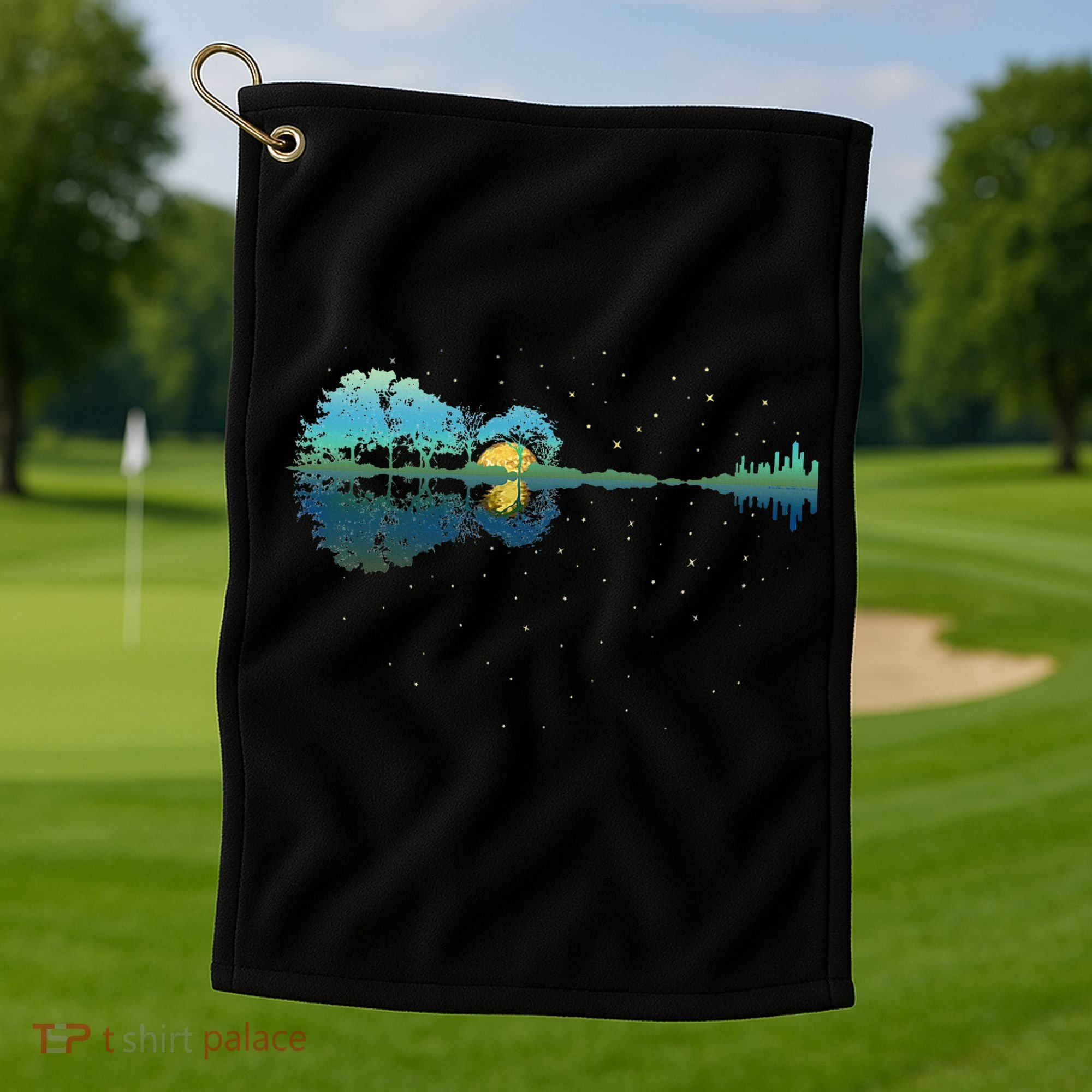 Guitar Lake Reflections Night Sky And Moon Guitar Golf Towel
