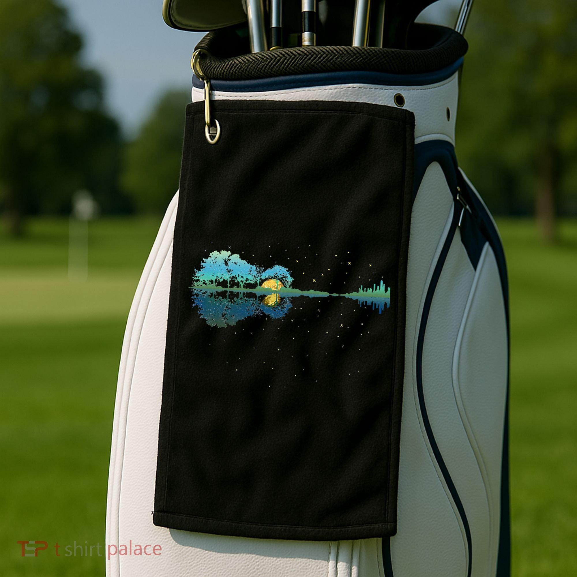Guitar Lake Reflections Night Sky And Moon Guitar Golf Towel