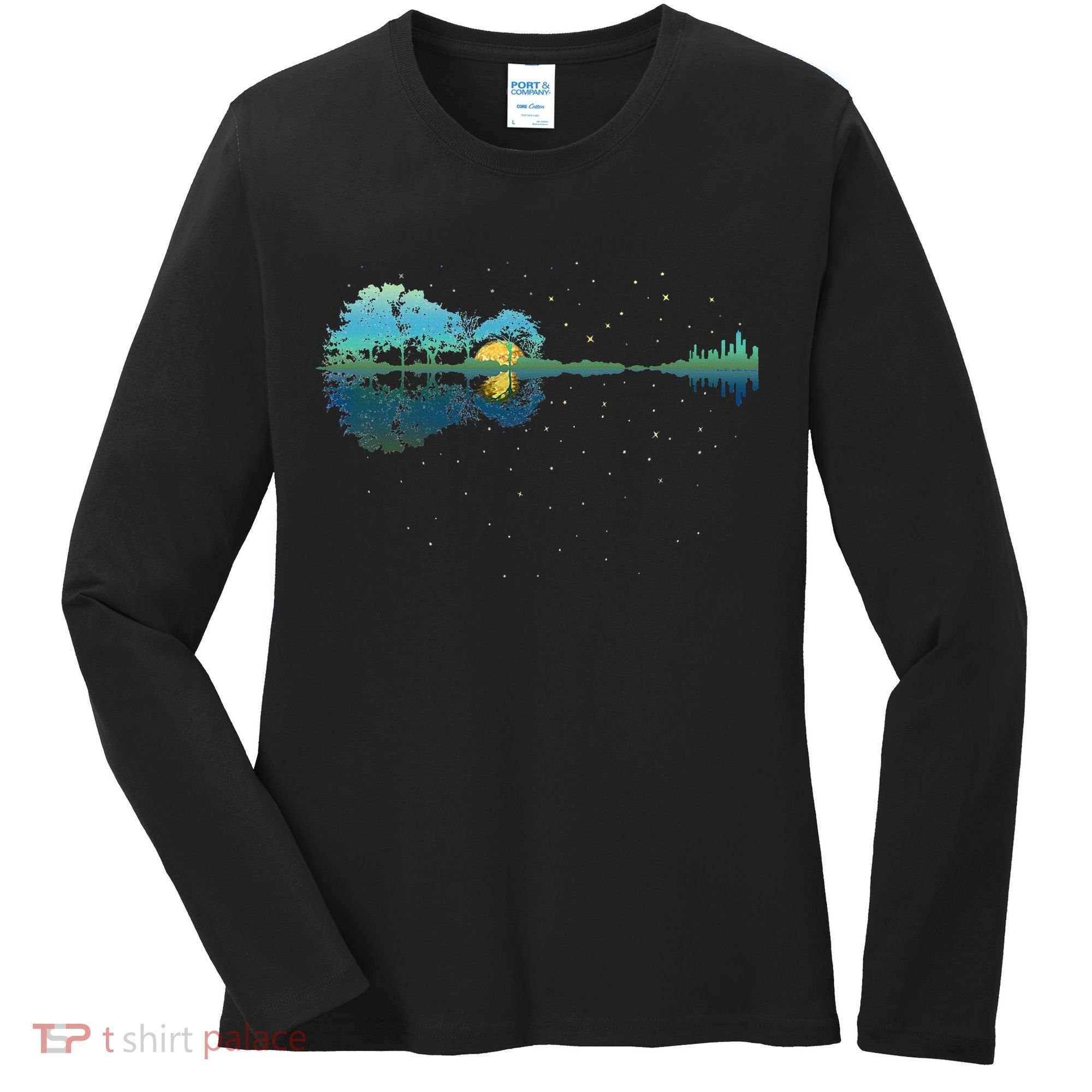 Guitar Lake Reflections Night Sky And Moon Guitar Women's Long Sleeve Shirt