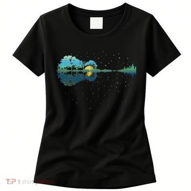 Guitar Lake Reflections Night Sky And Moon Guitar Women's T-Shirt