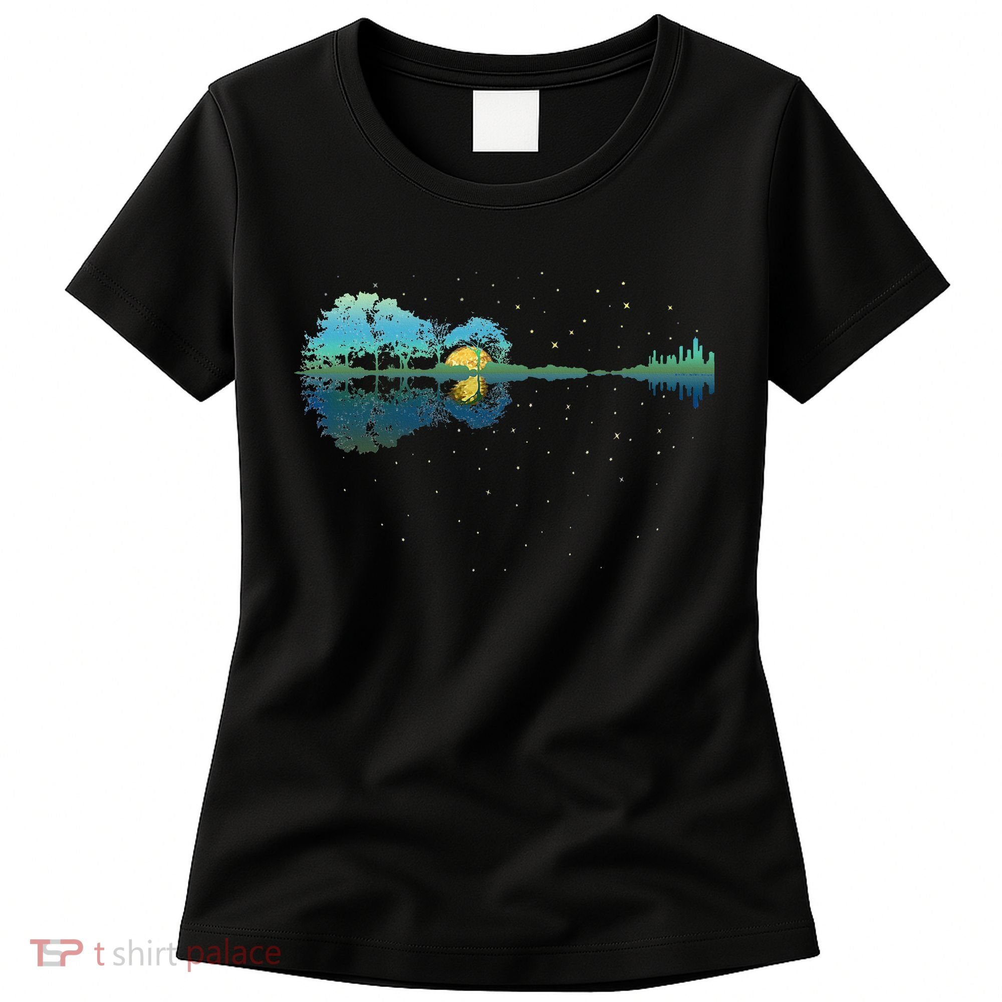 Guitar Lake Reflections Night Sky And Moon Guitar Women's T-Shirt