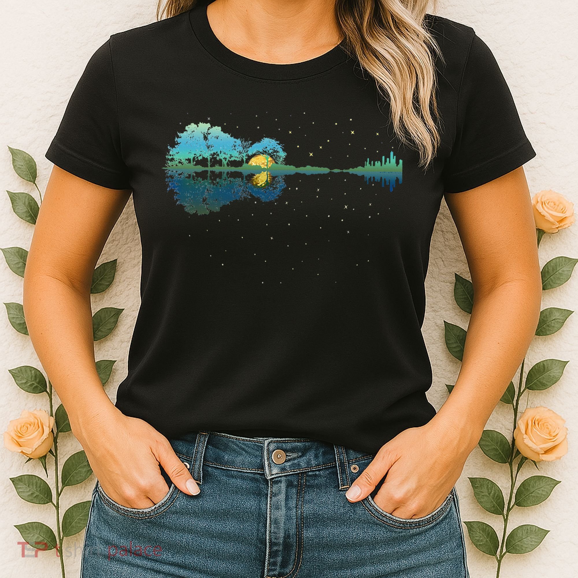Guitar Lake Reflections Night Sky And Moon Guitar Women's T-Shirt