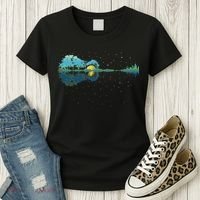 Guitar Lake Reflections Night Sky And Moon Guitar Women's T-Shirt thumb 3