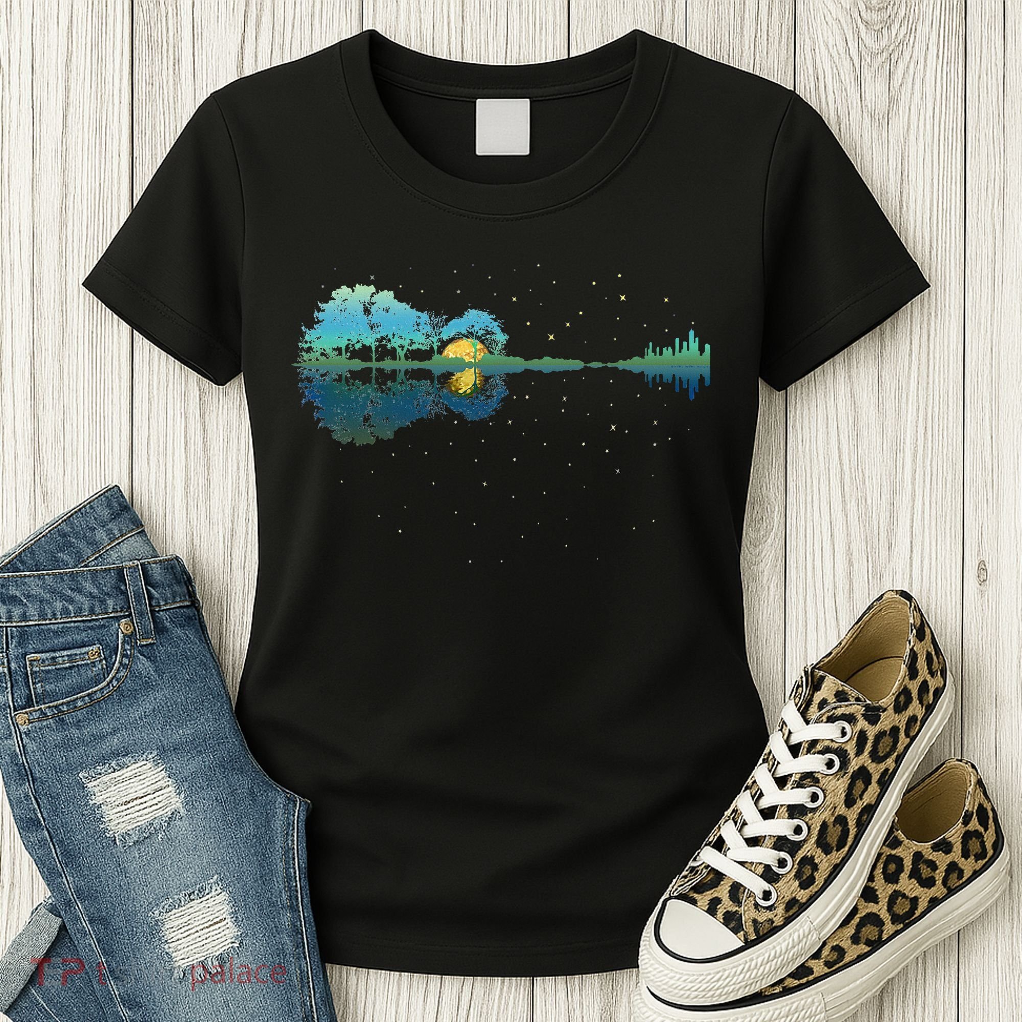 Guitar Lake Reflections Night Sky And Moon Guitar Women's T-Shirt