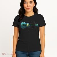 Guitar Lake Reflections Night Sky And Moon Guitar Women's T-Shirt thumb 4