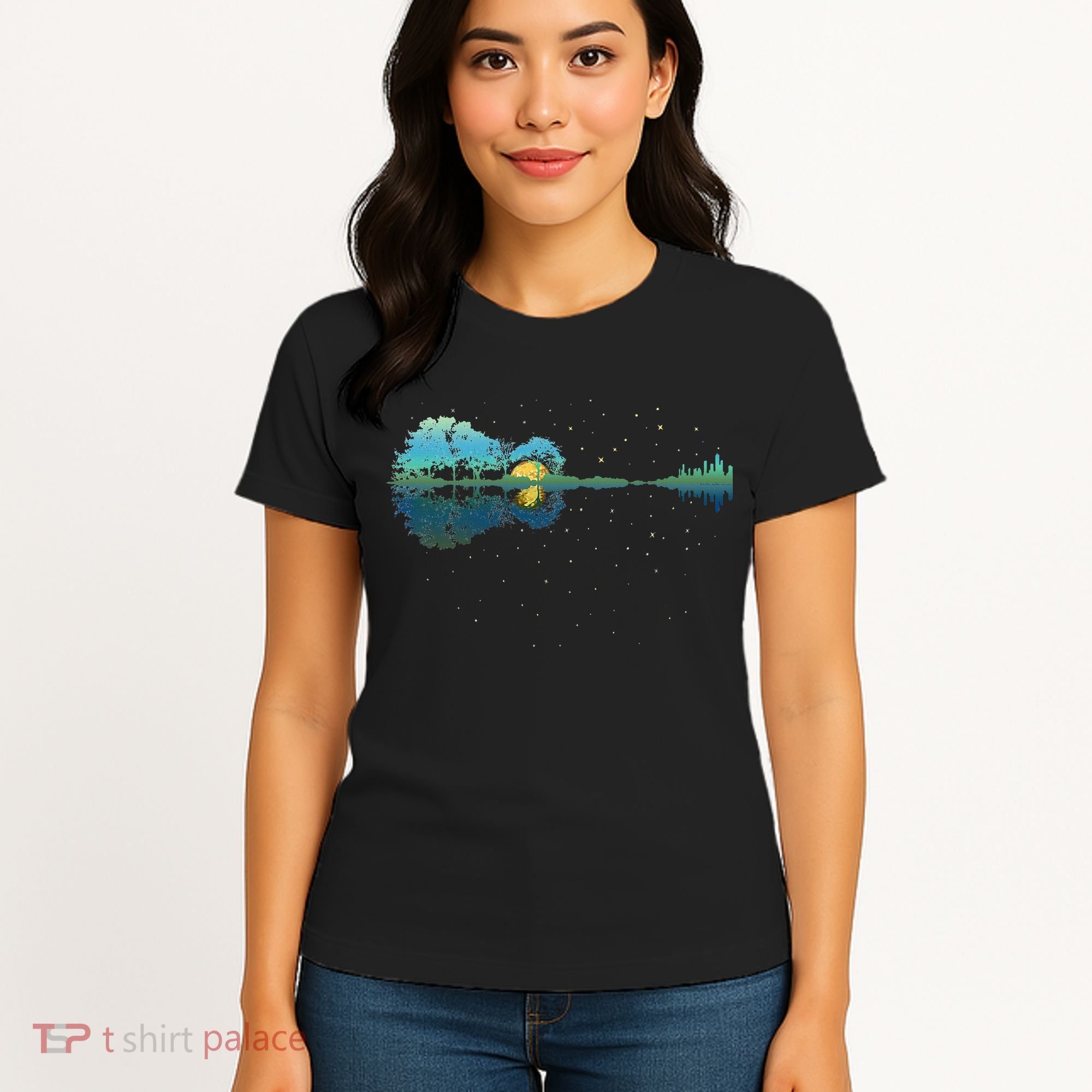 Guitar Lake Reflections Night Sky And Moon Guitar Women's T-Shirt