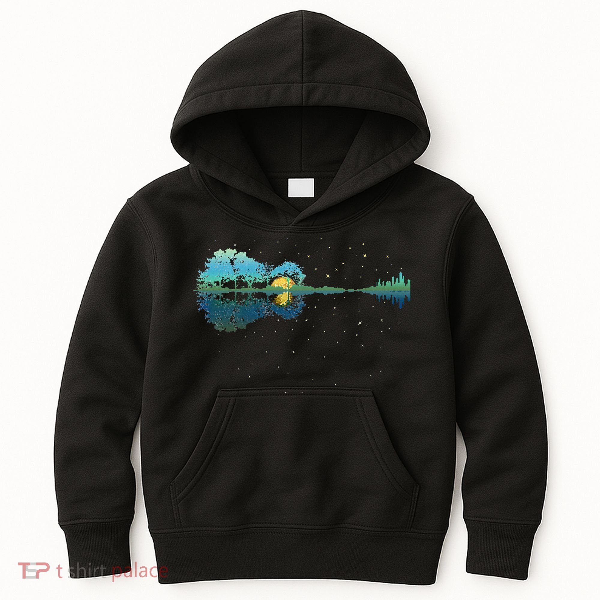 Guitar Lake Reflections Night Sky And Moon Guitar Kids Hoodie
