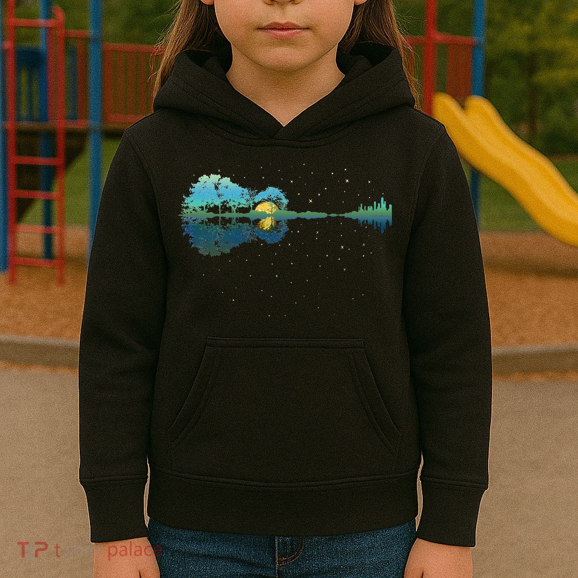 Guitar Lake Reflections Night Sky And Moon Guitar Kids Hoodie